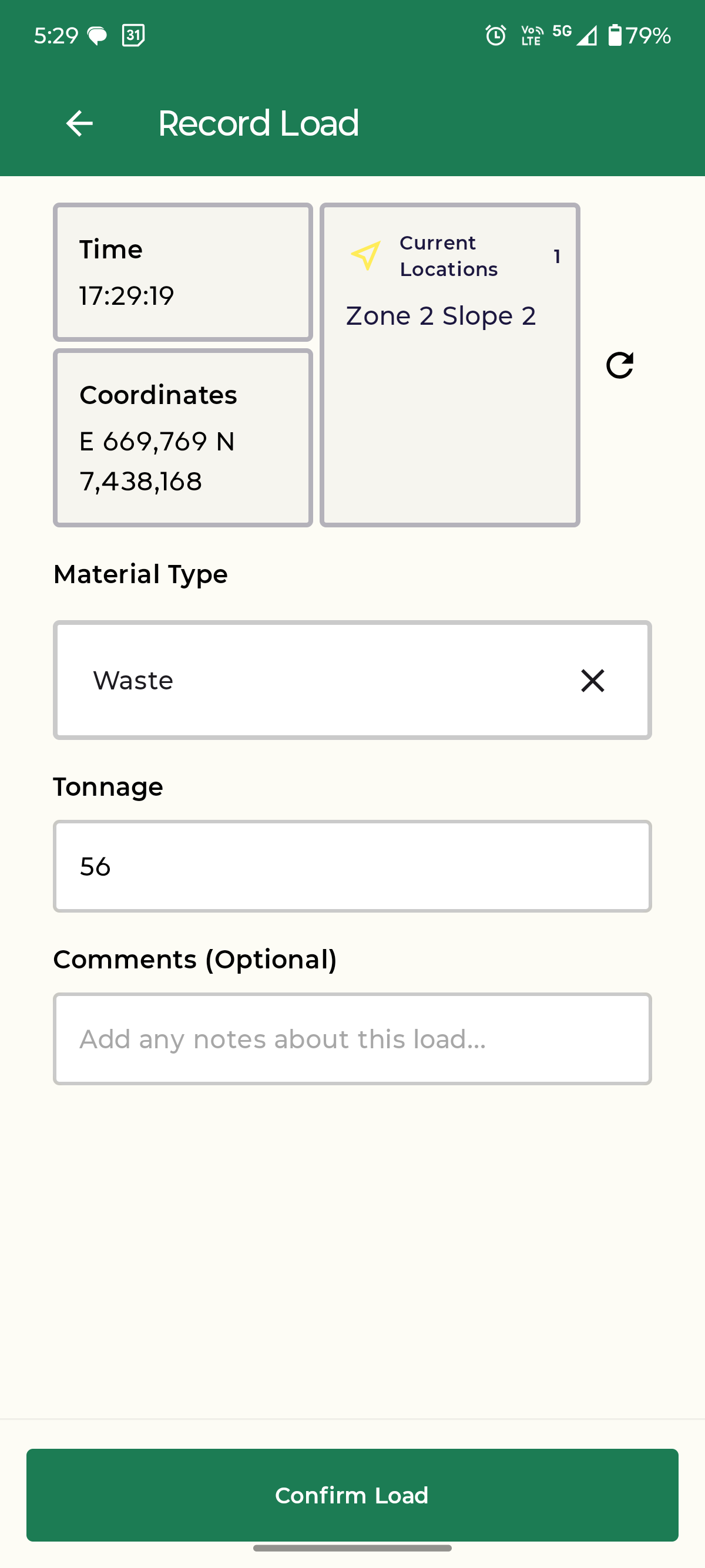Easy Haul Load Recording Interface
